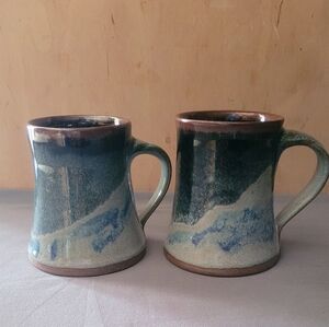Artisan Ceramic Mug with Blue and Green Design (Pair)
